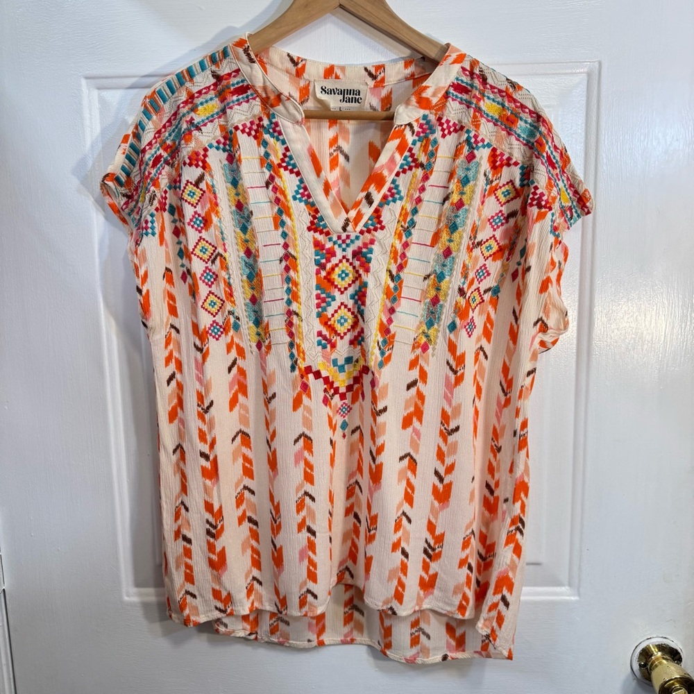 Savanna Jane Women's Embroidered Boho Peasant Chevron V-neck Top Size L